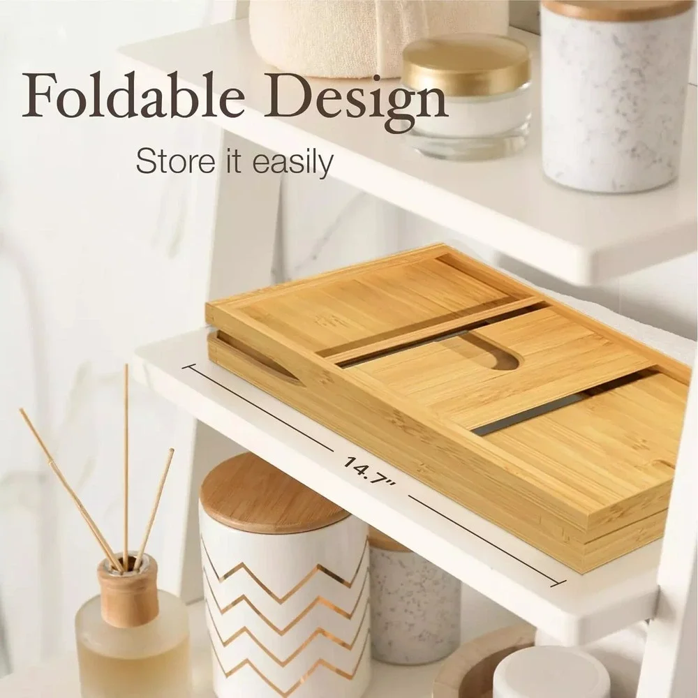 NEW -‎ Bamboo Bathtub Tray Table - Collapsible & Adjustable Bathtub Caddy